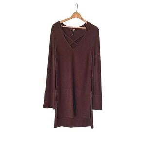 Free People Brown Criss Cross V Neck Bell‎ Sleeve Knit Tunic Mini Dress